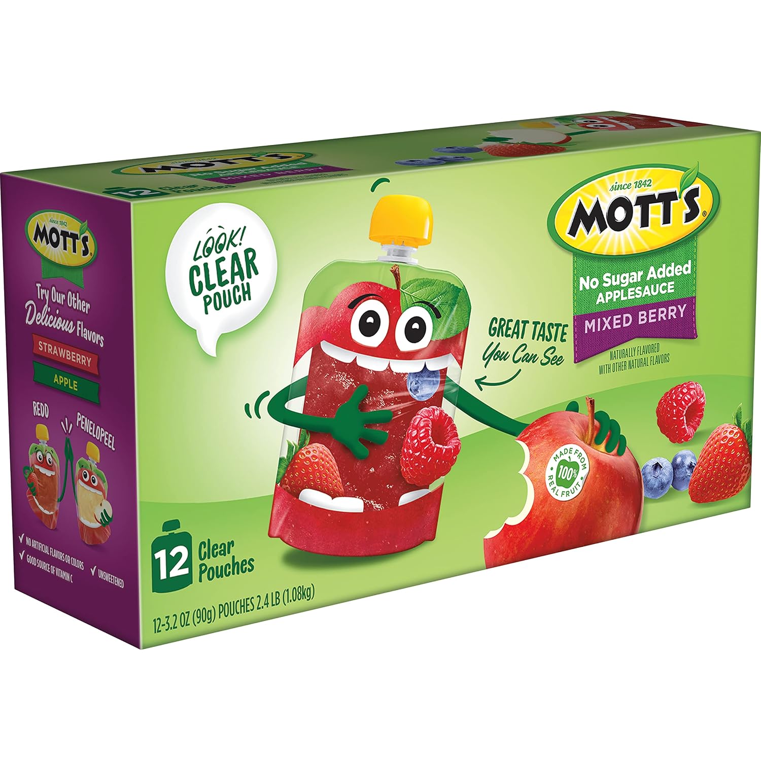 Mott's No Sugar Added Strawberry Applesauce, 3.2 Oz Clear Pouches, 48 Count (4 Packs Of 12), Good Source Of Vitamin C, No Artificial Flavors