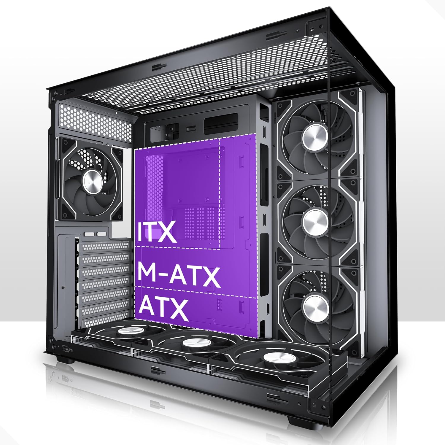 MUSETEX Y6 PC Case, Pre-Installed 7 Infinity Mirror PWM ARGB Fans, ATX Mid Tower Computer Case, Gaming PC Case with Type-C, 270° Full View Tempered Glass, Black