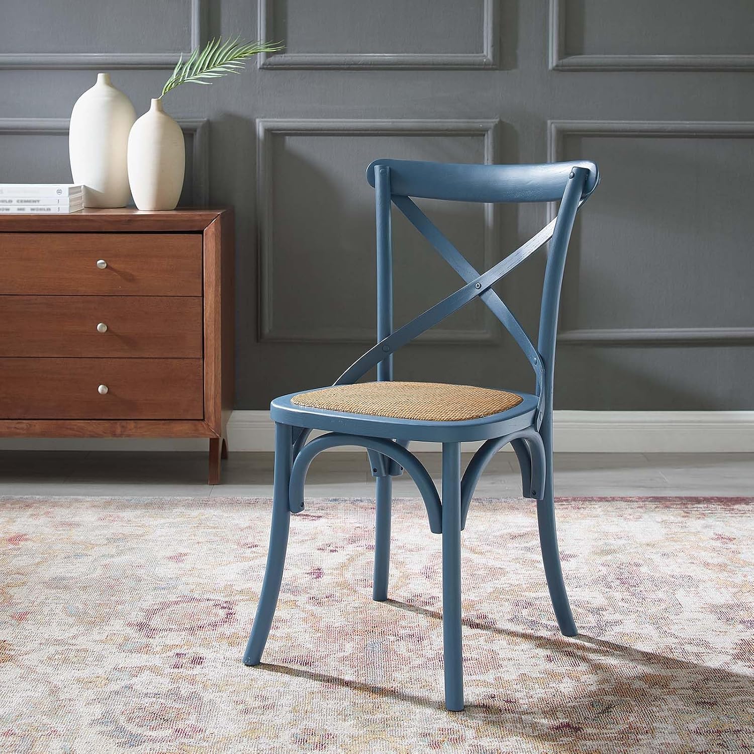 Modway Gear Rustic Modern Farmhouse Elm Wood Rattan Dining Chair in Gray