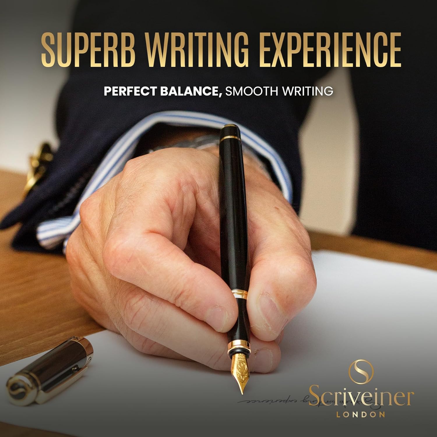 Scriveiner Silver Chrome Fountain Pen - Stunning Luxury Pen, Real Gold Finish Schmidt Gilded Nib (Medium), Best Pen Gift Set for Men & Women