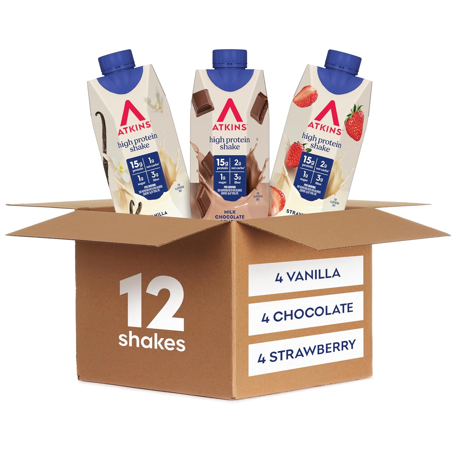 Atkins Milk Chocolate Delight High Protein Shake, 15g Protein, 12 Count | 15g Protein, 3g Fiber, 2g Net Carb, 1g Sugar, Chocolate Flavored, Keto Friendly, Ready to Drink, 12 Count