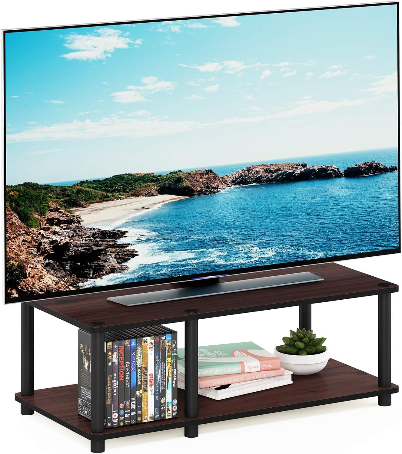 Furinno Turn-N-Tube TV Riser Stand, 2-Tier Small Elevated No Tools TV Stand, TV Console for TV up to 32 inch, 15.8 x 23.8 x 11, for Living Room, Bedroom, French Oak/Black