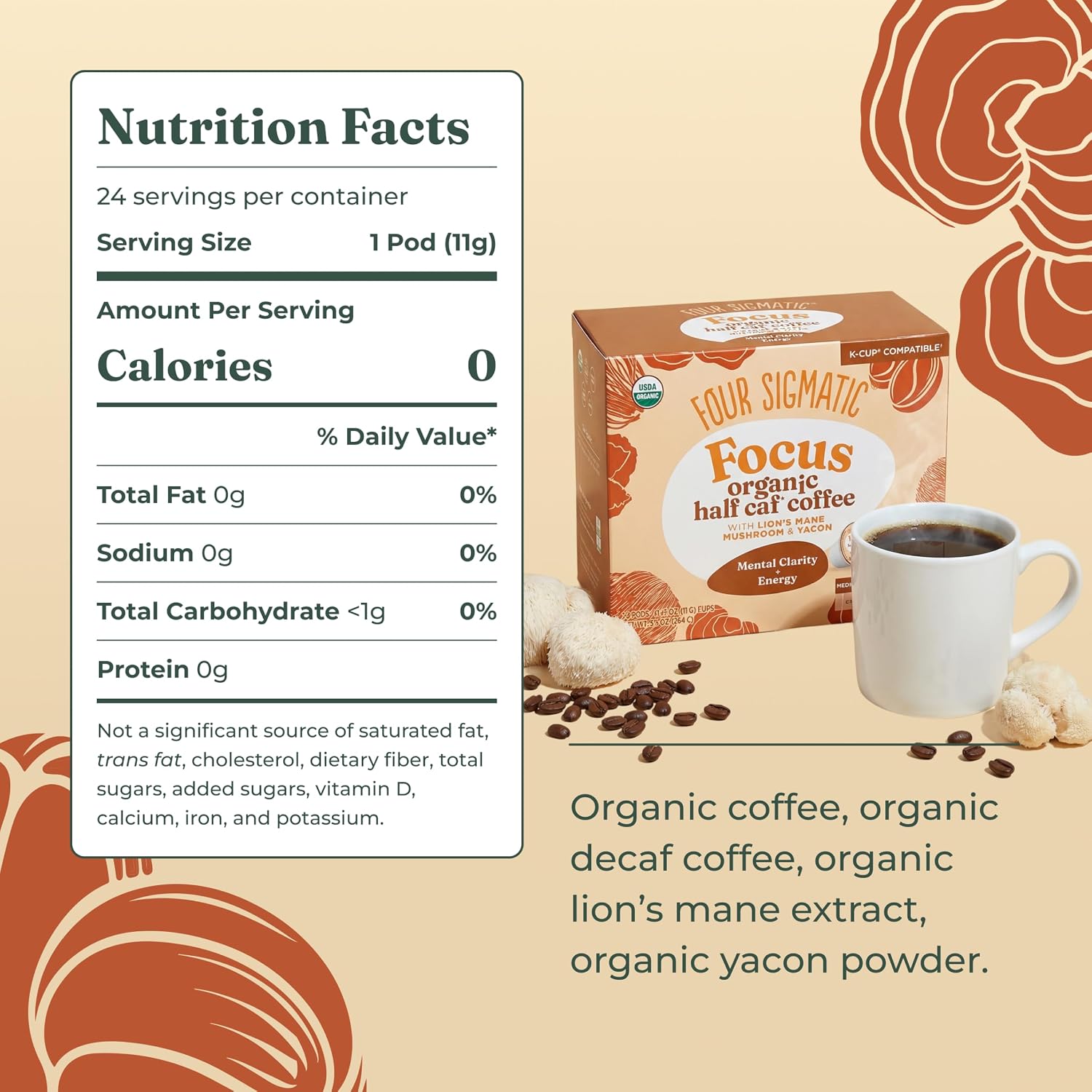 Four Sigmatic Mushroom Coffee K-Cups | Organic Dark Roast Coffee with Lion’s Mane Mushroom Powder & Yacon | Focus & Immune Support | Vegan & Keto
