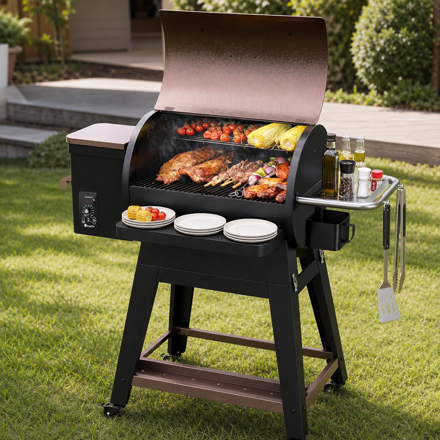 KingChii Electric Wood Pellet Grill & Smoker with Side Shelf, 456 SQ.IN Grill Capacity, with PID Temperature Control (180-425°F) for Backyard Camping Bake and Roast, Black