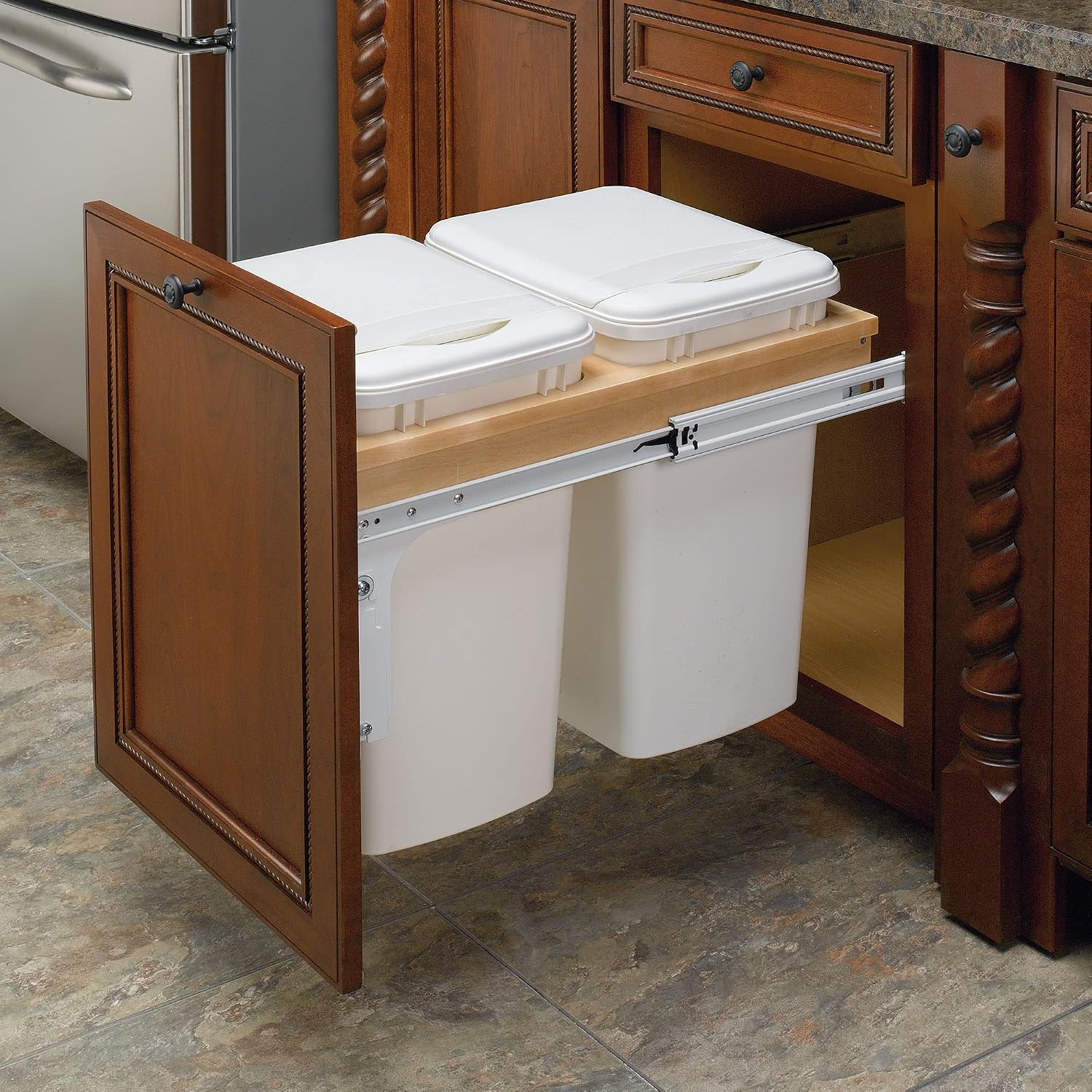 Rev-A-Shelf 35 Qt Top Mount Double Pullout Under Cabinet Kitchen Trash Cans for Base Cabinets, 150 Pound Rated Full-Extension Slides, Min Opening Width of 14.5", White, 4WCTM-18DM2-175