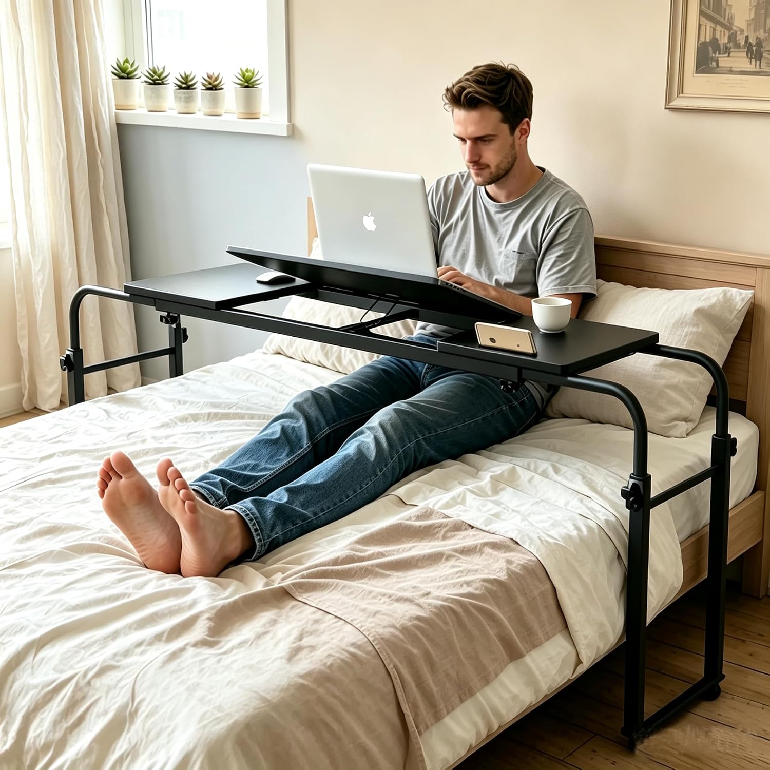 Overbed Laptop Cart Over The Bed Table with Wheels Adjustable Bed Hospital