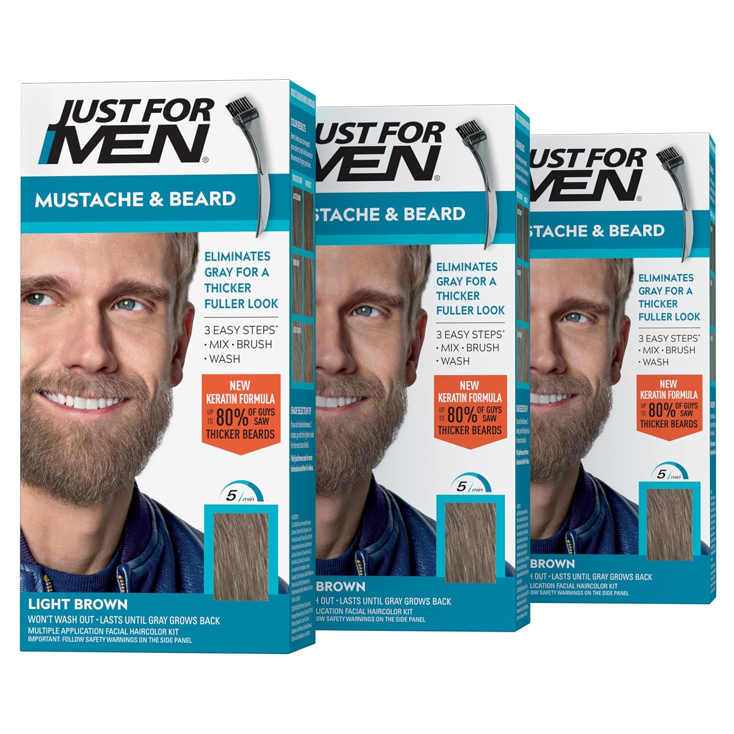 JUST FOR MEN Mustache & Beard Dye, Keratin, Light Brown M-25 (1 Pack) | Mustache & Beard color light brown designed for facial hair to instantly eliminate gray. Enhanced with keratin & biotin.