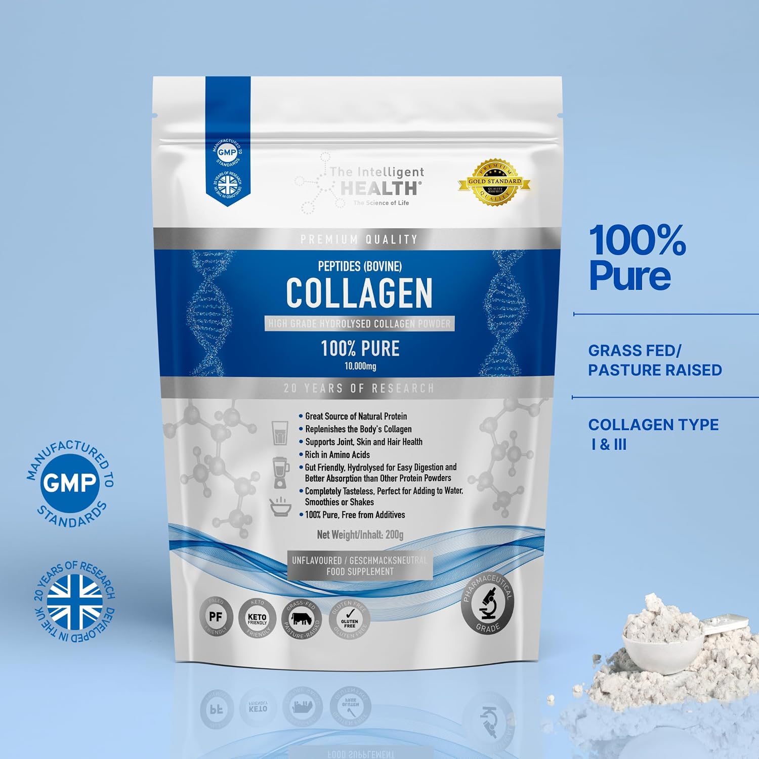 Collagen Peptides Powder, Hydrolyzed Collagen, Type I & III, 45 Servings | Grass Fed, Unflavored, Gluten Free, Keto/Paleo, Skin Support, Hair, Nail, Joints, 10g Servings, 15.9 Oz
