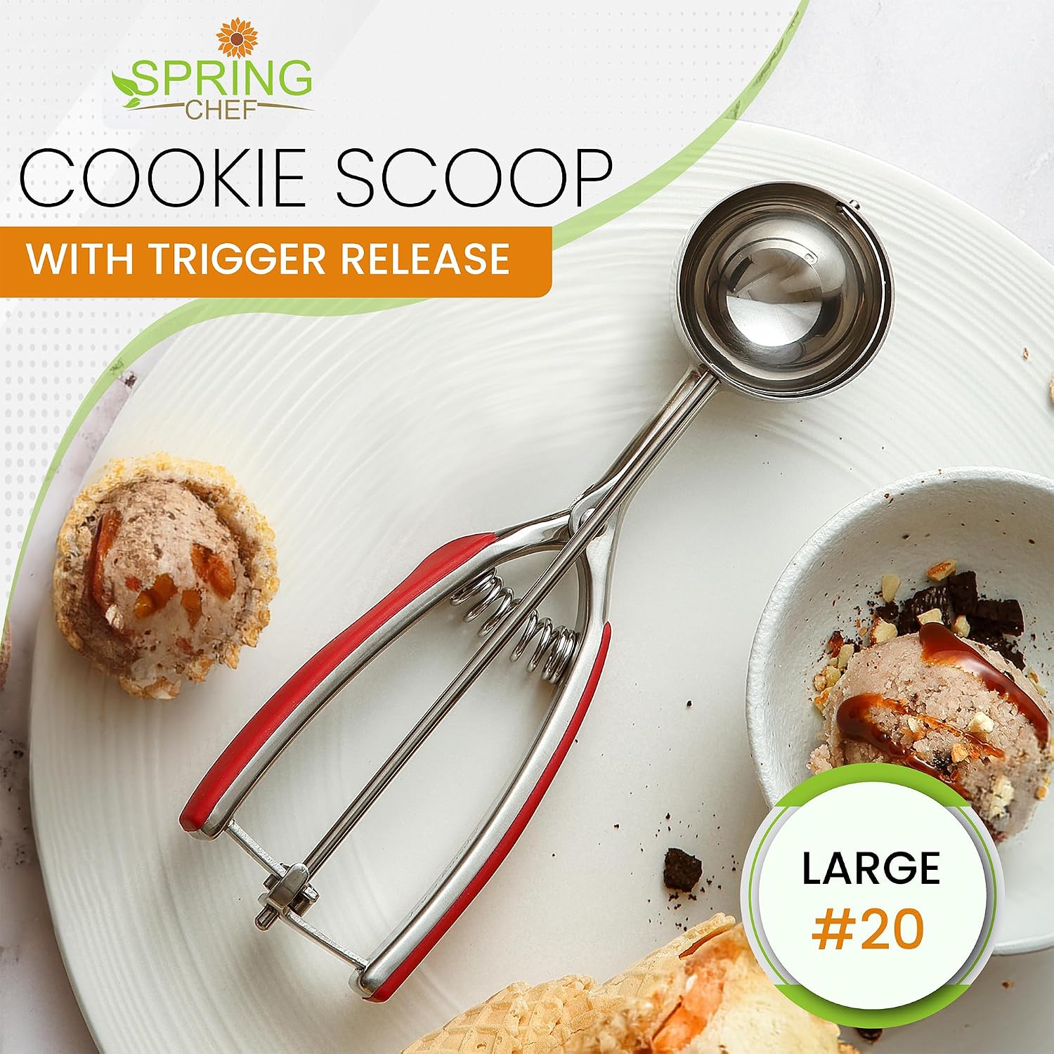 Spring Chef Medium Stainless Steel Cookie Scoop, #40, 1.7 Tablespoon, Black