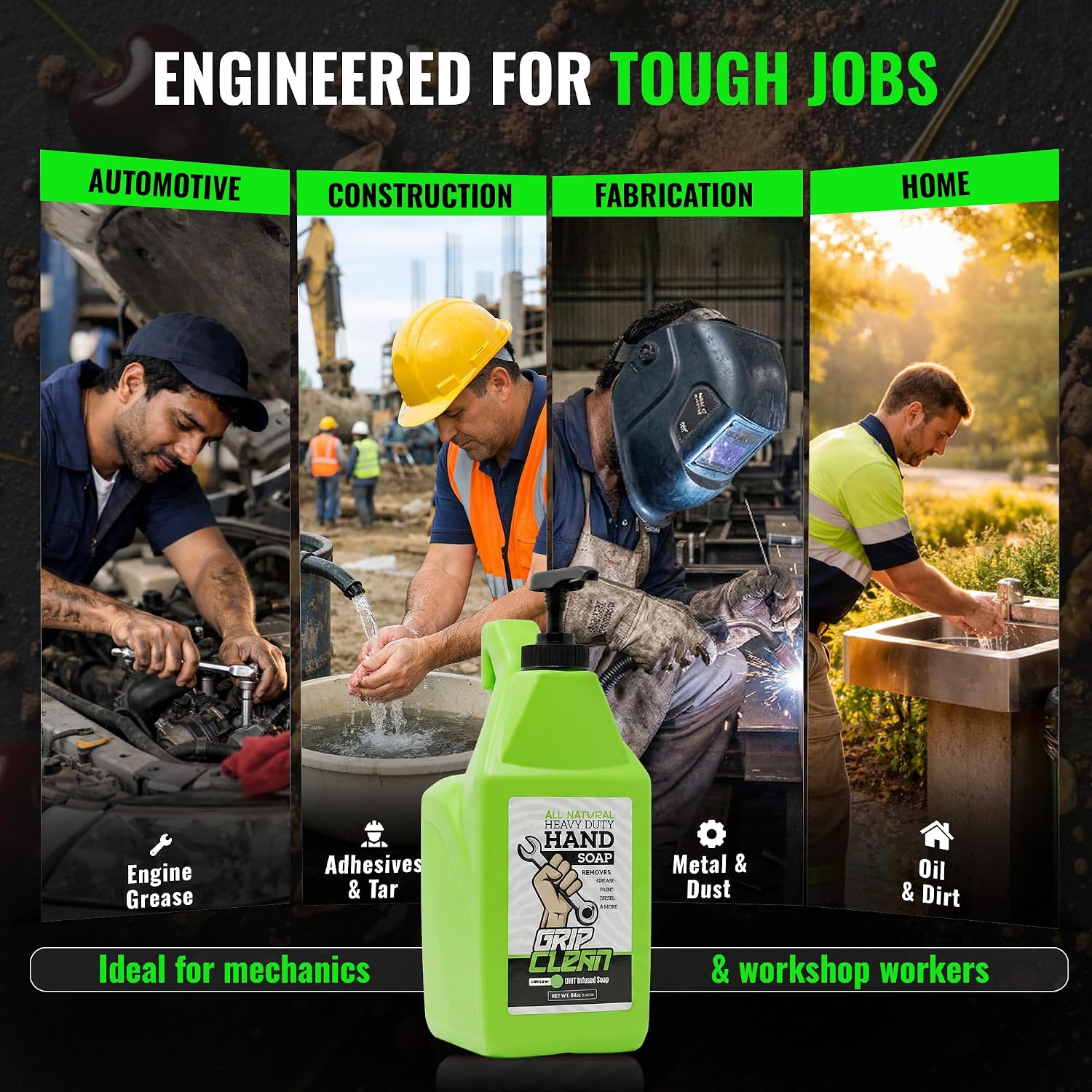Grip Clean Heavy Duty Hand Cleaner For Mechanics, Natural Pumice, 64 Oz | Clay Infused, Grease, Oil, Grime Remover, Moisturizing Coconut Olive Oils, Lime Scent, For Shop, Garage, Industrial Use