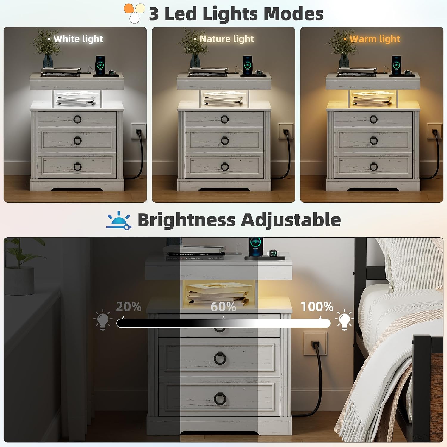 Smart LED Nightstand with Lockable Gun Drawer & Glass Top（Black） | Modern Bedside Table with Charging Station and Hidden Storage, LED Night Stand with 4 Drawers & Motion Sensor for Bedroom
