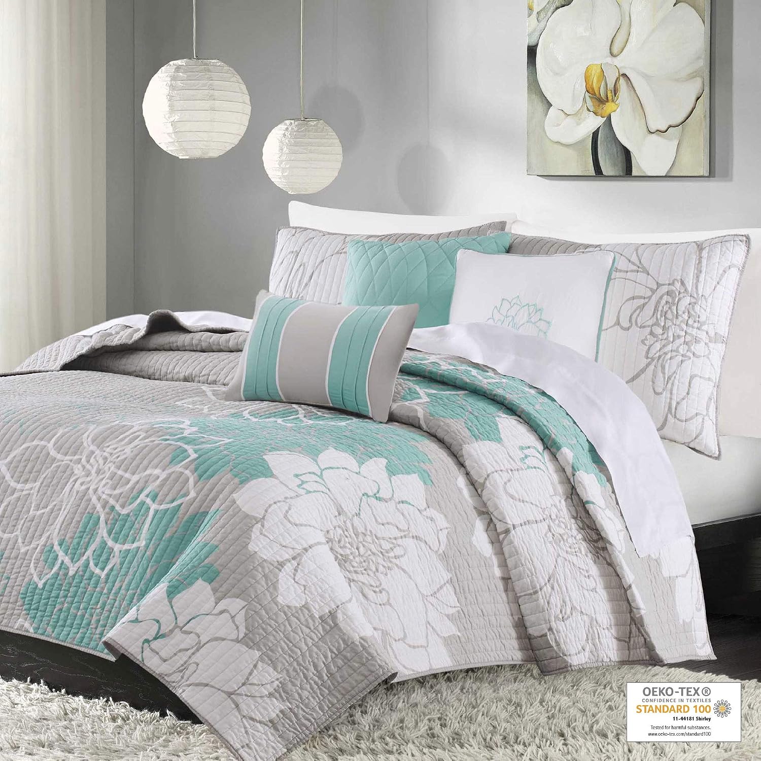 Madison Park Cotton Casual Floral Quilt Set, 6PC Full/Queen Coverlet | Channel Stitching Design, All Season, Lightweight Coverlet Bedspread Bedding, Shams, Decorative Pillows, Taupe Grey/Purple