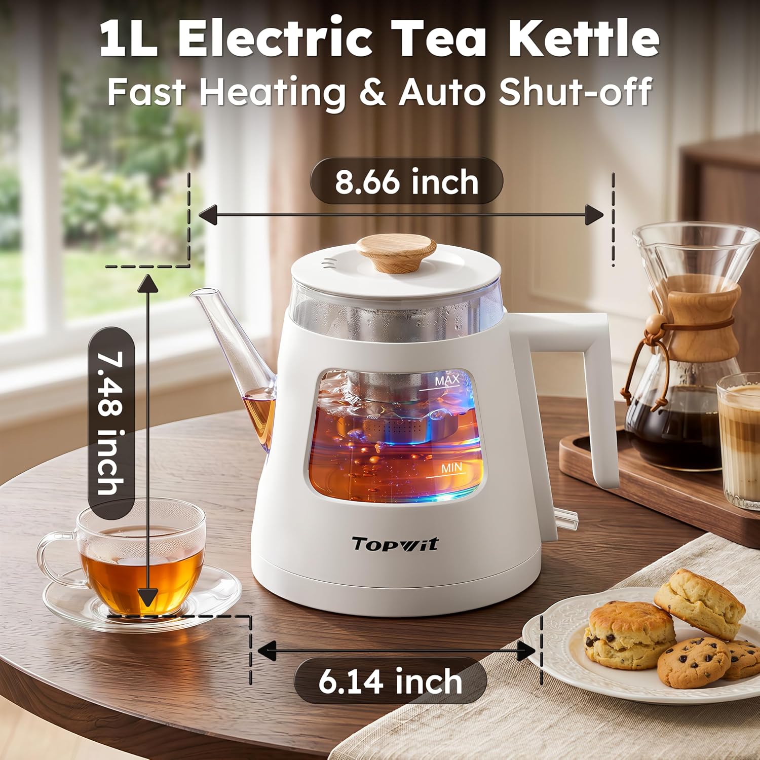 TOPWIT 2.0L Glass Electric Kettle, Hot Water Boiler, BPA-Free