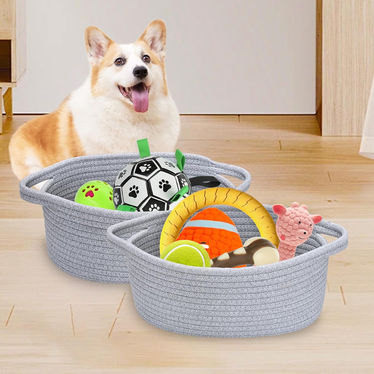 ABenkle Small Basket with Handles, Boho Decorative Rope Woven Dog Cat Toy Storage Bin Shelf Storage Organizer, Easter Christmas Gift Basket, 12"x8"x5"