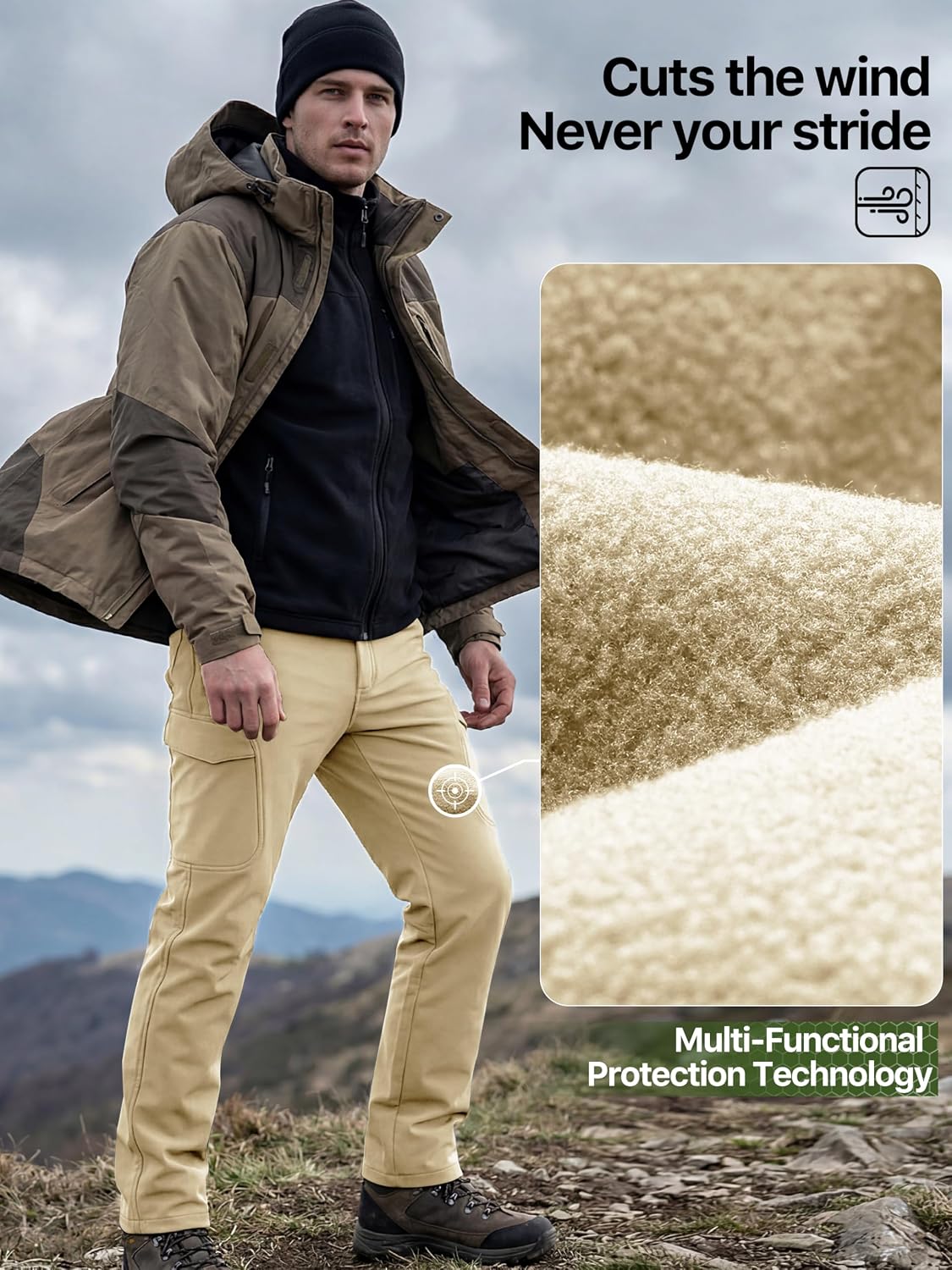 FREE SOLDIER Men's Outdoor Softshell Fleece Lined Cargo Pants | Snow Ski Hiking Pants with Belt, Waterproof Winter Pants, Insulated Work Pants, Breathable Windproof Insulated Pants