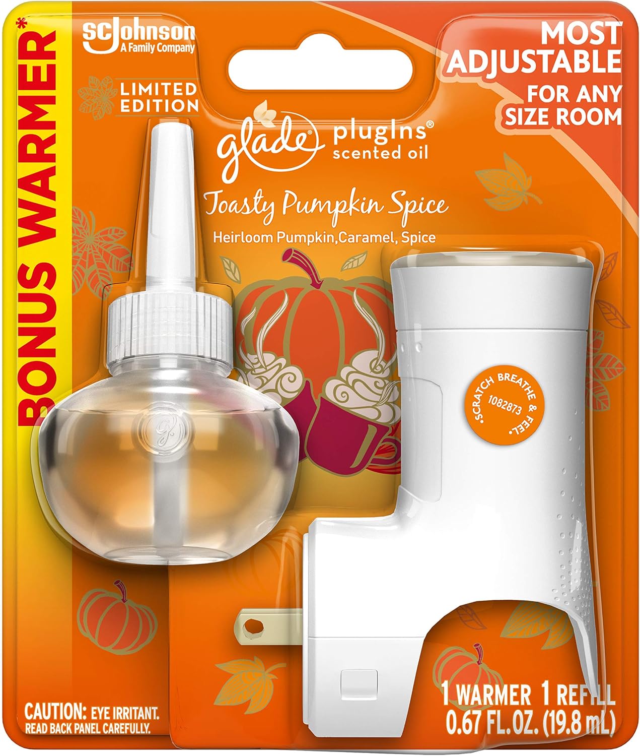 Glade PlugIns Refills Air Freshener Starter Kit, Scented Oil for Home and Bathroom, Toasty Pumpkin Spice, 0.67 Fl Oz, 1 Warmer + 1 Refill