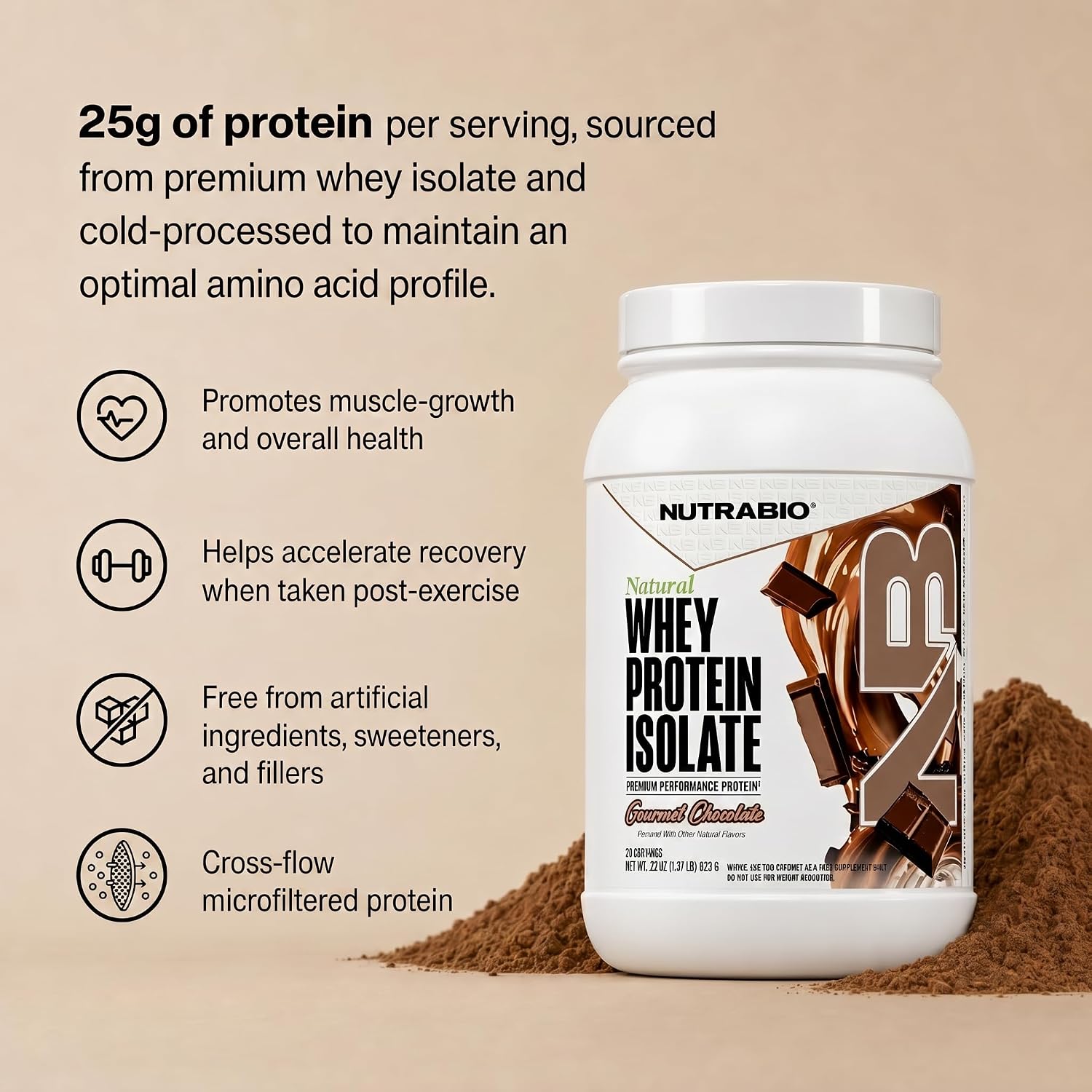 NutraBio Natural Whey Protein Isolate Protein Powder, 25g Protein with Complete Amino Acid Profile, Non-GMO, Soy & Gluten Free, Low Carb, Low Calorie - 20 Servings- Chocolate