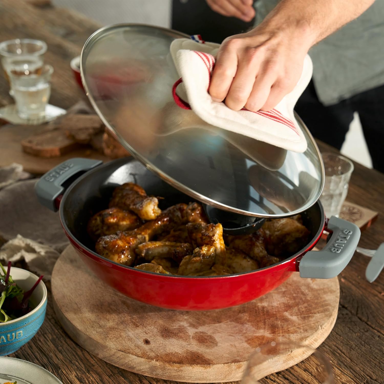 Staub Cast Iron Perfect Pan, Wok, Dutch Oven, 4.5-quart, serves 4-5, Made in France, Dark Blue