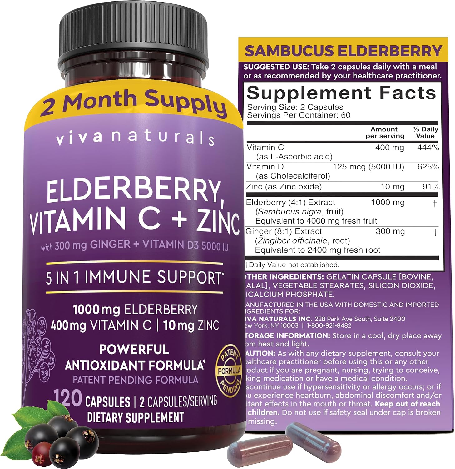 Viva Naturals Elderberry with Vitamin C and Zinc for Adults - 5 in 1 Sambucus Black Elderberry Capsules with Vitamin D3 5000 IU Immunity Supplement