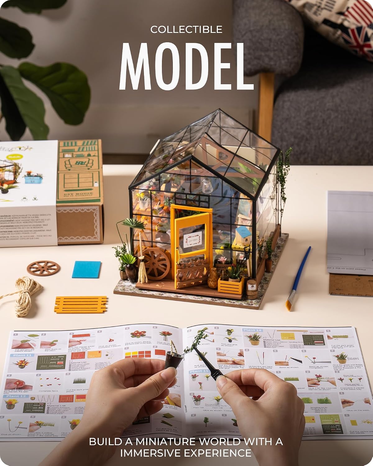 Rolife Cathy's Greenhouse Miniature Kit with LED Lights | 1:18 Scale Flower House Wooden 3D Puzzle Model Kit for Beginners DIY Craft for Adults Diorama Home Decor & Birthday Gift