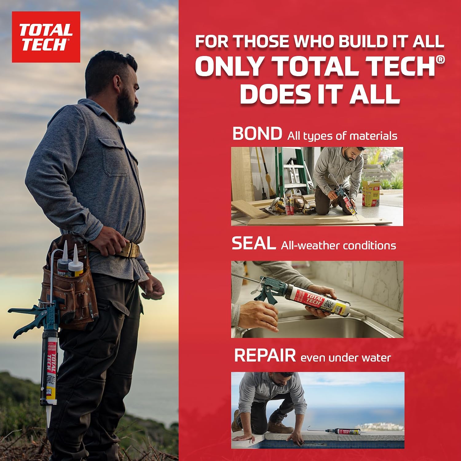 Total Tech, White, 9.8oz Cartridges, Heavy-Duty Construction Adhesive & Sealant Caulk, Flexible, All-Weather, Watertight, UV-Resistant, High Strength, Instant Grab, Ideal for Pools, Bathtubs