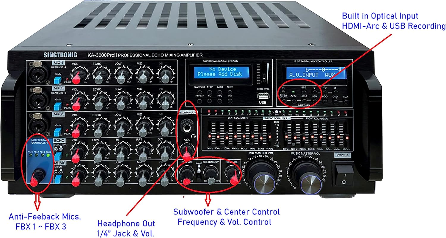 Singtronic KA-3000ProII 3000W Professional Karaoke Mixing Amplifier | DJ/KJ Console with HDMI ARC, 8-Band EQ, USB Recording, Bluetooth, Optical Input