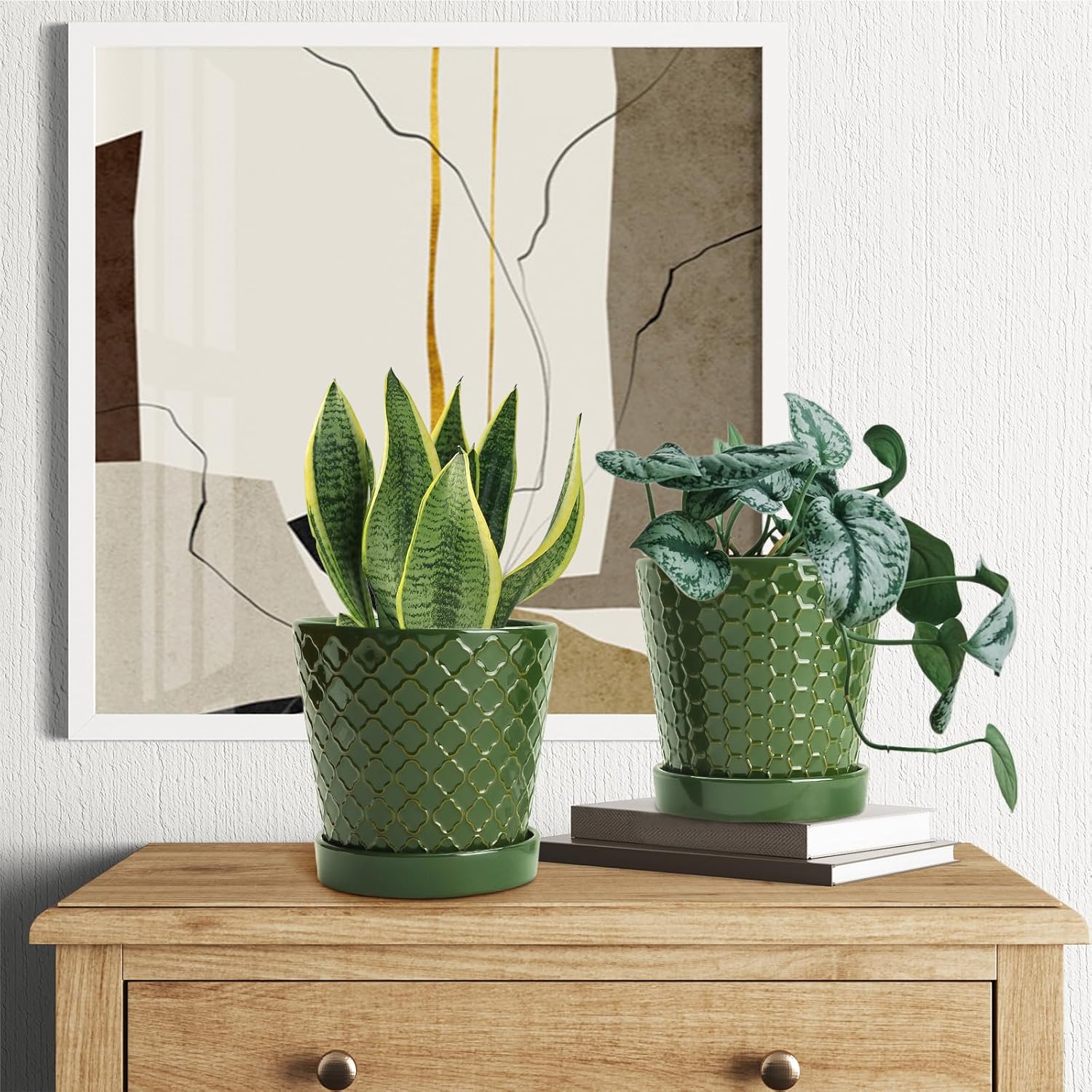 EFISPSS Ceramic Plant Pots, 5 Inch Planters with Drainage Holes and Ceramic Tray, Relief Design Flower Planter