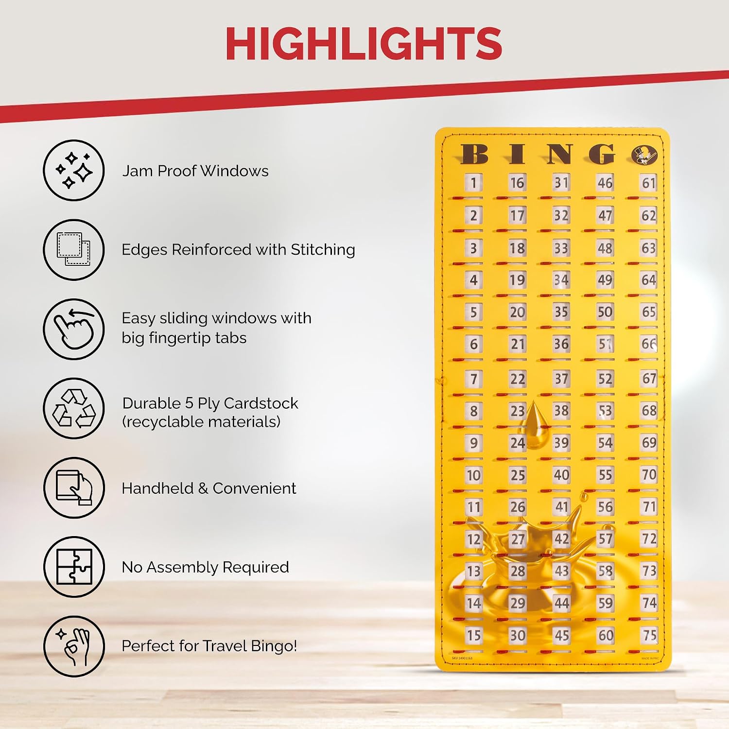 MR CHIPS Large 14.75" L x 6.75" W Jam-Proof Finger Tip Bingo Master Board Card with Large 3/4" Sliding Windows, Thick 5 Ply Cardboard, Gold Rush Style