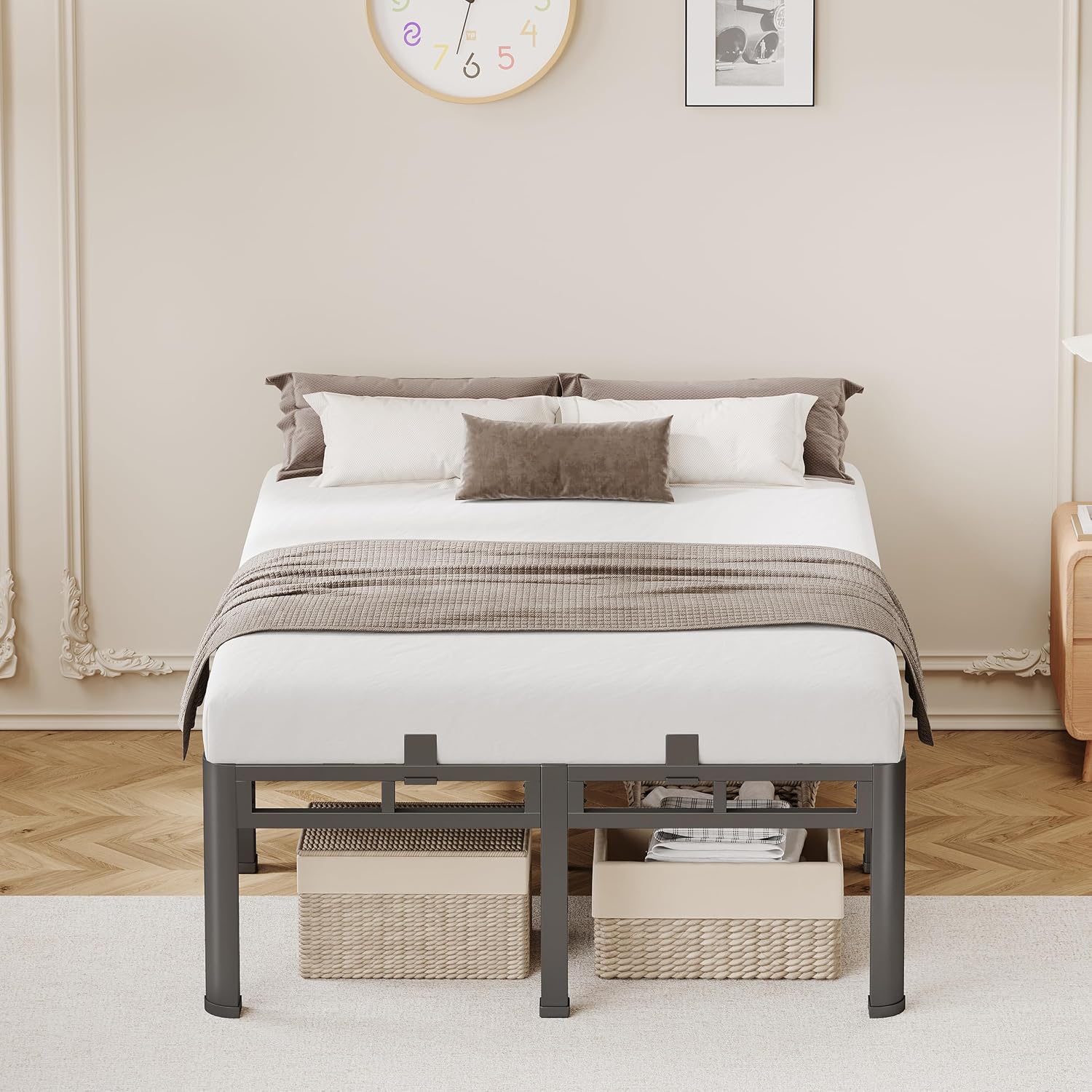 20 Inch Queen Size Bed Frame,Double Layer Heavy Duty Metal Platform Tall | Easy Assembly,Noise Free,2in1 Base,4000lbs Capacity,6 Mattress Stoppers,Round Corner Legs,16"Storage Space,Headboard Holes
