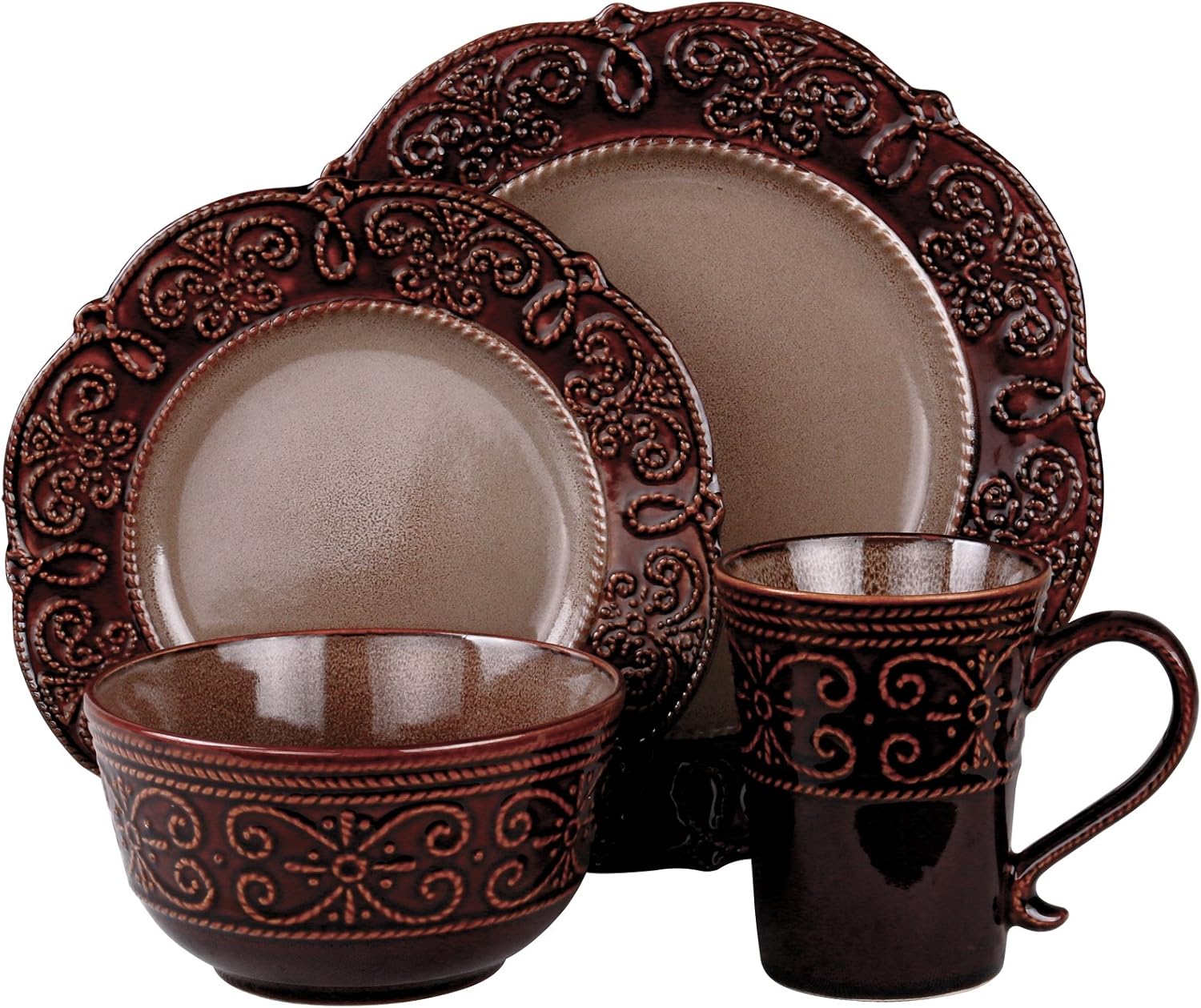 Elama Round Decorated Stoneware Scallop Embossed Dinnerware Dish Set, 16 Piece, Luna