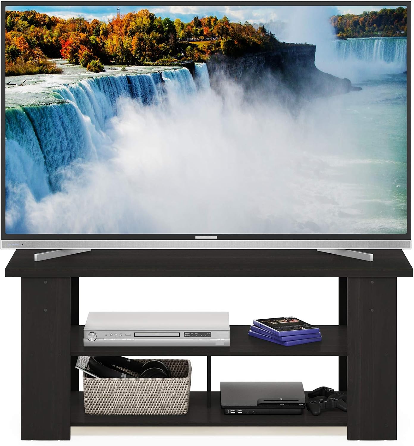 Furinno Nelly TV Stand, 3-Tier Entertainment Center with Open Shelves Storage, TV Console for TV up to 55 Inch, Soft Edges, for Living Room, Bedroom, Black