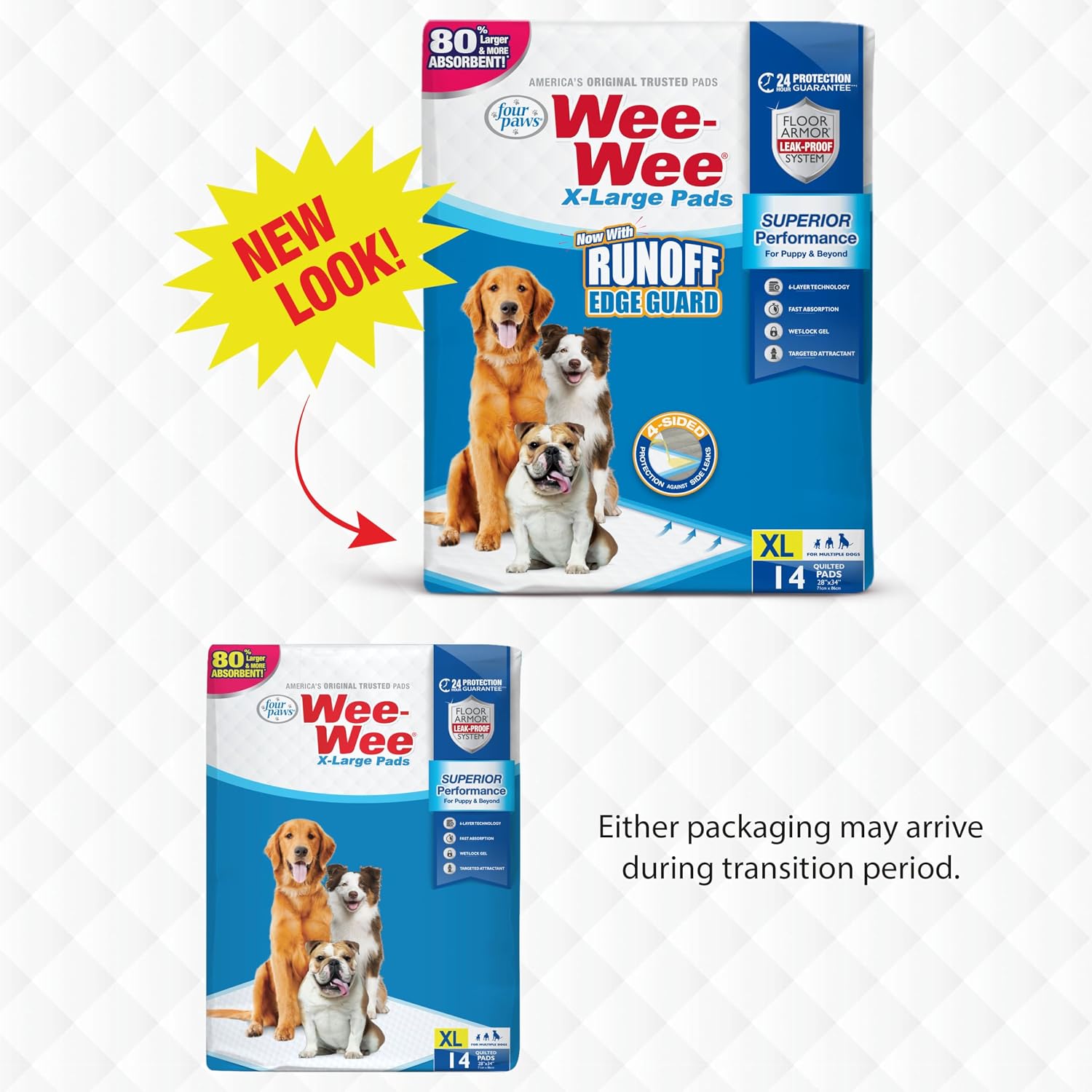 Four Paws Wee-Wee Superior Performance X-Large Dog Pee Pads, 40 Count | Puppy & dog potty training pads, housebreaking supplies, xl puppy pads, pet supplies, 24-hour floor protection, 28" x 34"