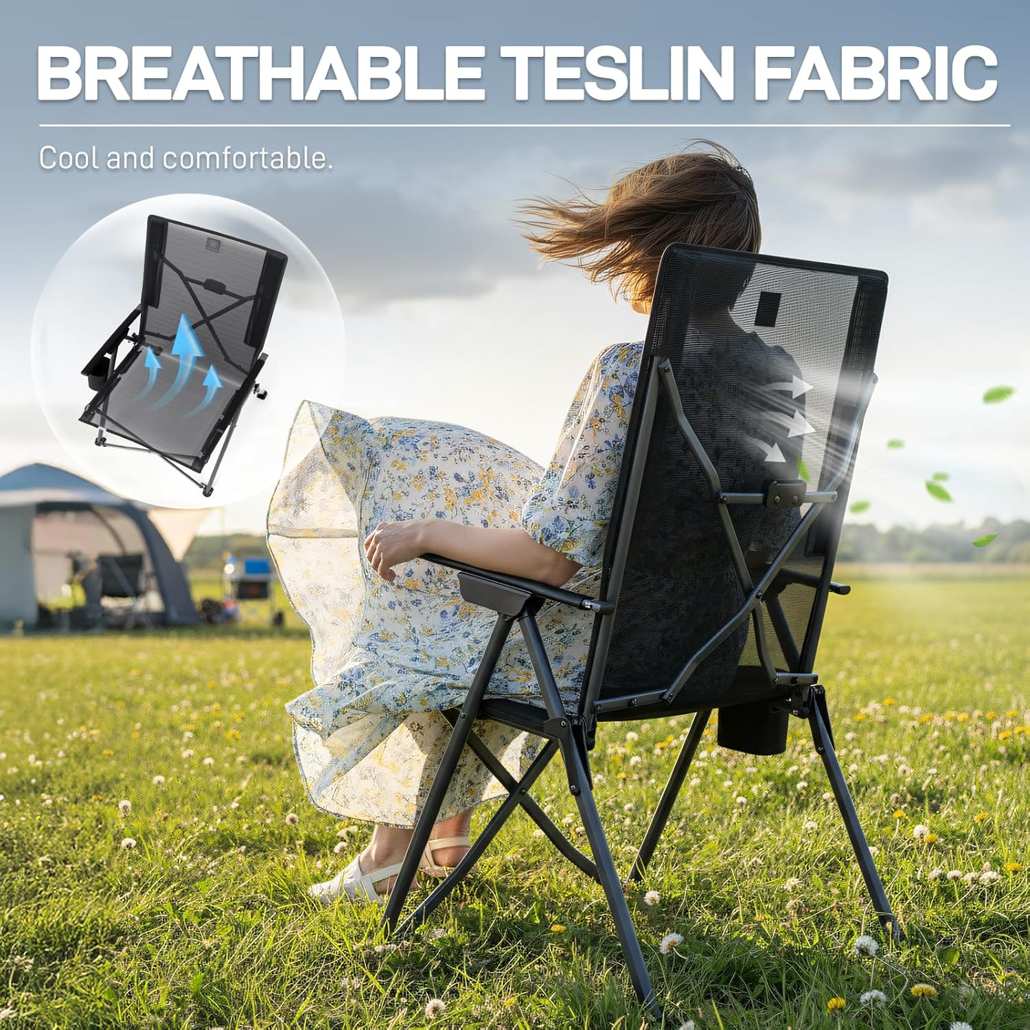 EVER ADVANCED Reclining Camping Chairs for Adult Supports 350lbs Mesh Black | Lightweight, Folding Recliner with Adjustable Back