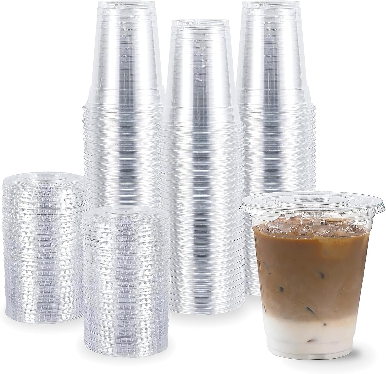 TashiBox Plastic Cups with Flat Lids 100 Sets 16 oz, Clear Crystal drink cups with lids