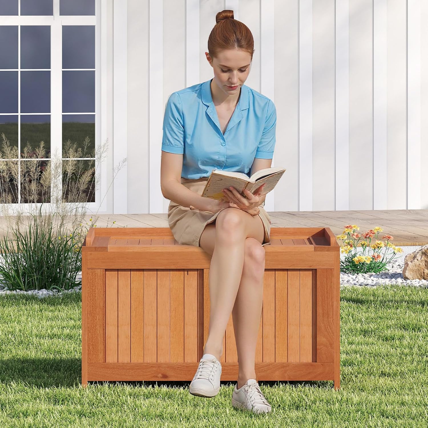 Tangkula 46 Gallon Acacia Wood Deck Box, Garden Backyard Storage Bench, Outdoor Storage Container for Patio Furniture Cushions and Gardening Tools