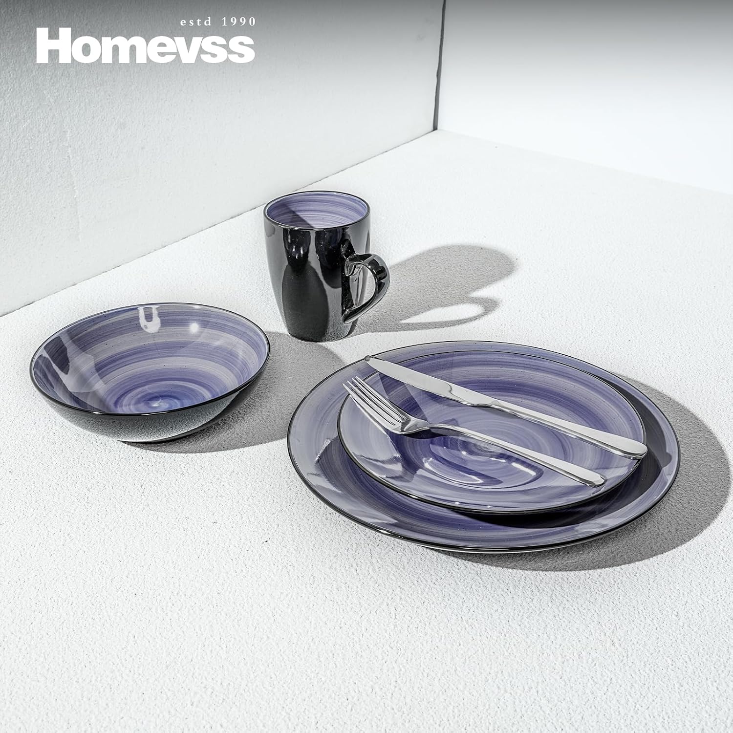 HomeVss, Sonoma Stoneware Dinnerware Set, Outside Black + Inside Hand Painting Color (16pc Set, Grey)