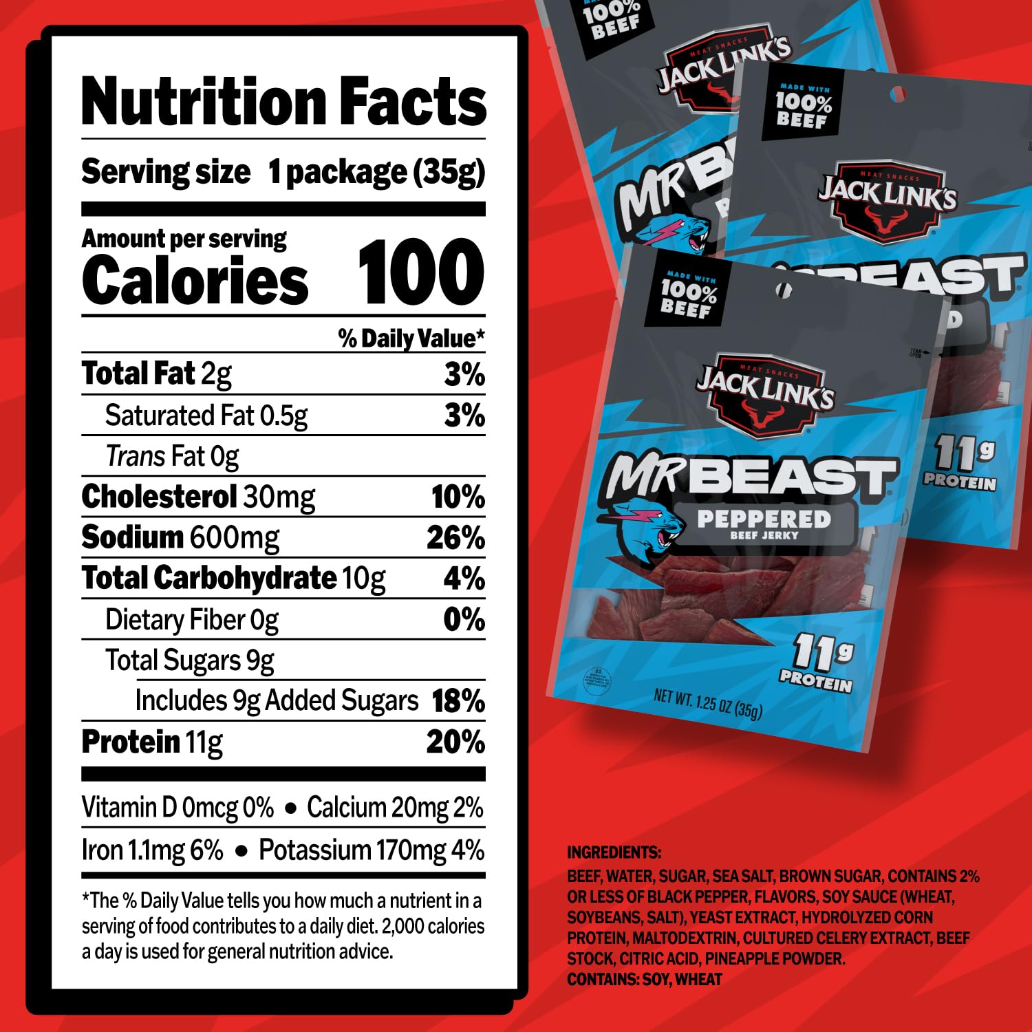 Jack Link's MrBeast Beef Jerky, Peppered Beef Jerky - 10 Count | As Seen on Beast Games, 11g Protein, Made with 100% Real Beef, Pantry-Ready Snacks