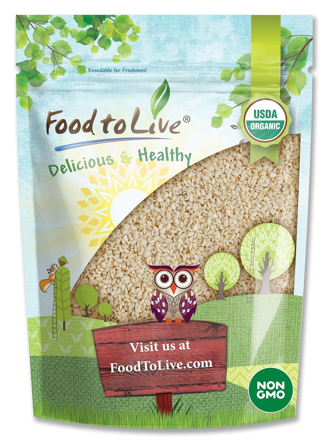 Food to Live Organic Hulled Sesame Seeds, 2 Pounds – Whole Raw White Sesame Seeds, Non-GMO, Kosher, Vegan, Unroasted, Bulk. High in Iron, and Calcium. Perfect for Tahini Paste, Stir-fries, and Salads.