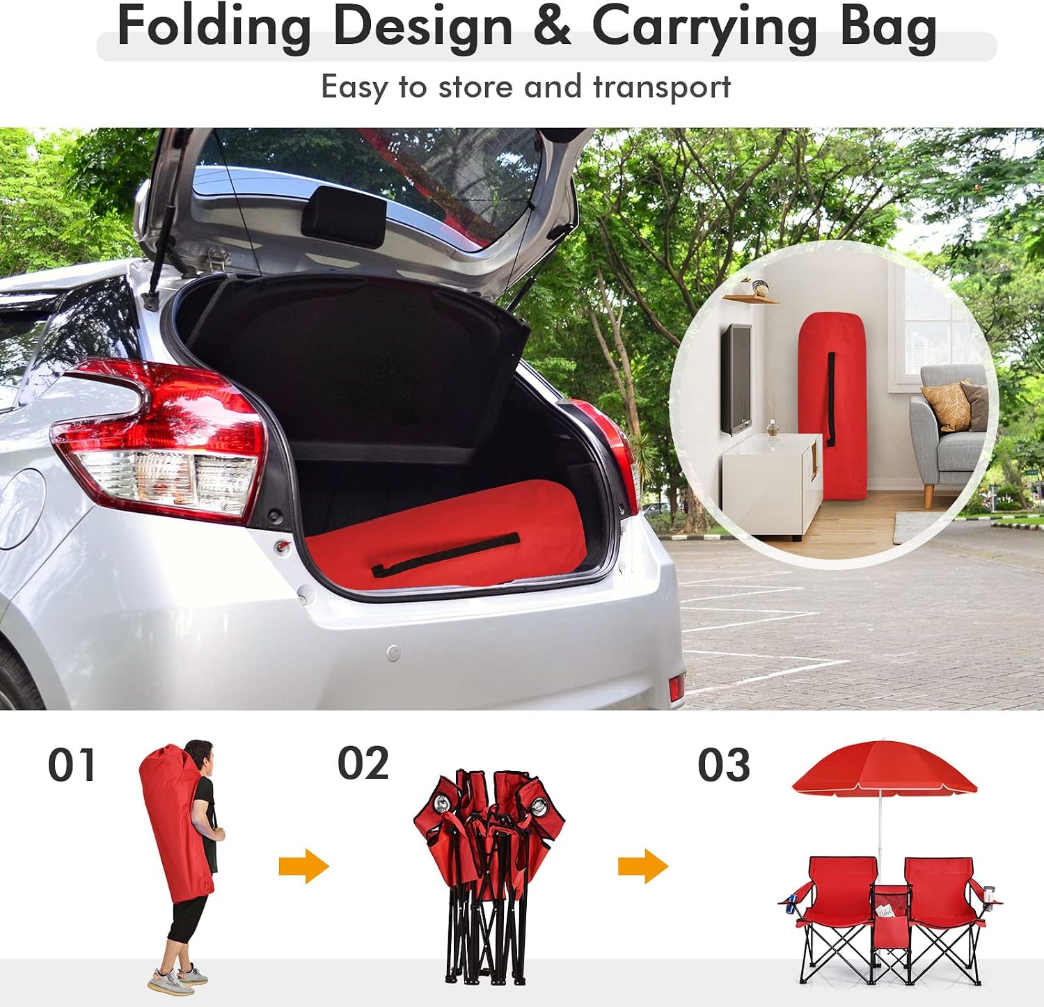 COSTWAY Double Portable Picnic Chairs, Folding Camping Chairs w/Detachable Umbrella, Cooler Bag, Cup Holders, Patio Beach Camping Chairs for Outdoors, Blue | Detachable Umbrella, Cooler Bag, Cup Holders, Patio Beach Camping Chairs for Outdoors, Blue