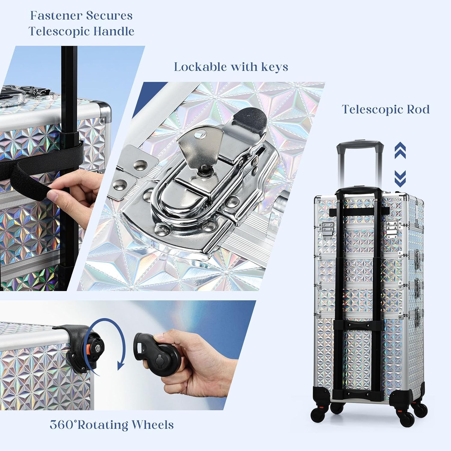 Stagiant Rolling Makeup Case Cosmetology Case on Wheels 4 in 1 Large Cosmetic Organizer Train Case Makeup Travel Case with Key Swivel Wheels Nail