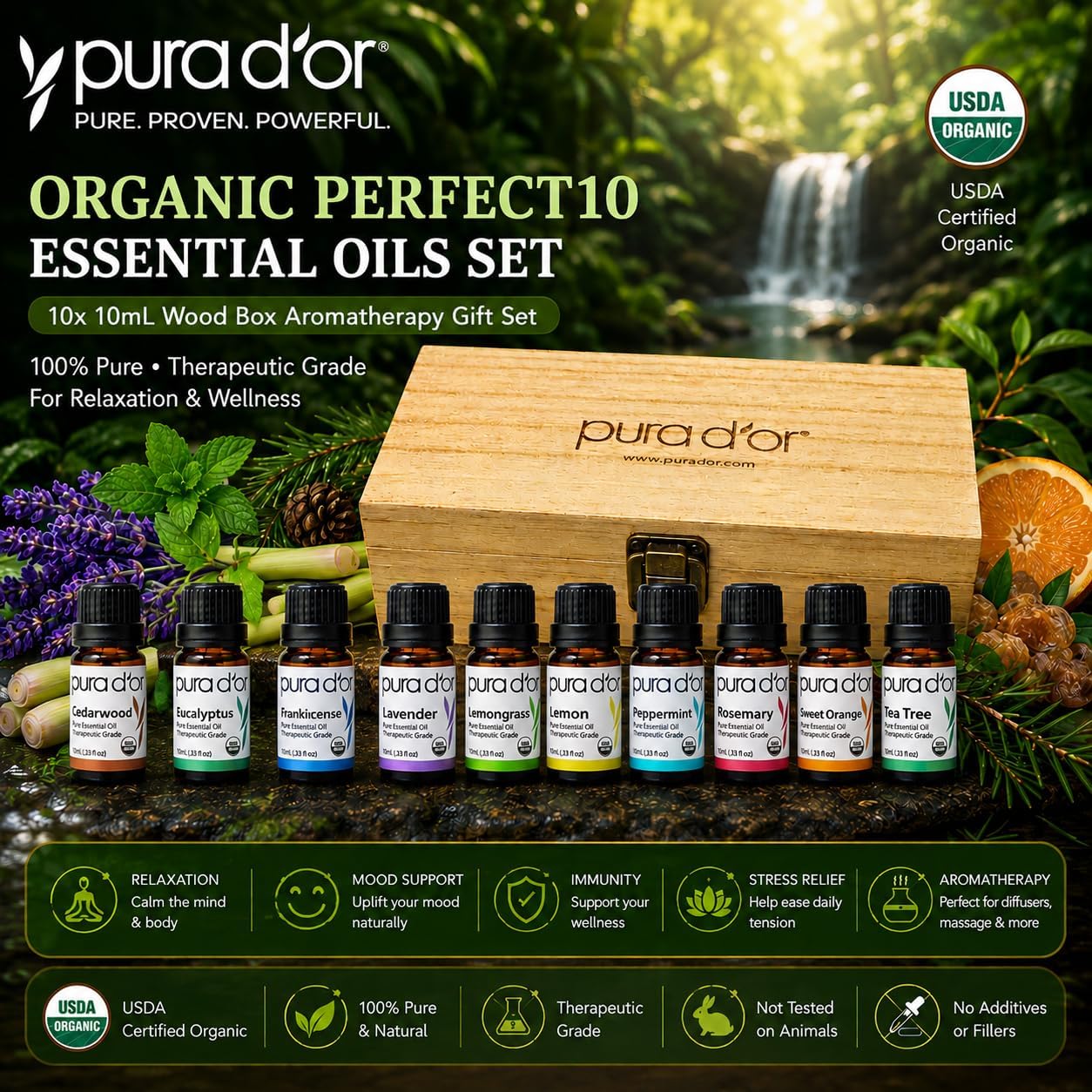 PURA D'OR Organic Perfect10 Essential Oils Aromatherapy Box Set, 10mL x10