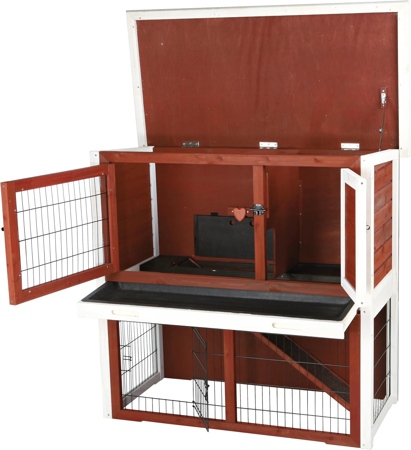 TRIXIE natura Outdoor Rabbit Hutch with Run - 2-Story Rabbit Cage with Non-Slip Ramp - Medium Elevated Small Animal House with Secure Playpen, Hinged Roof & Pull-Out Tray - in Brown