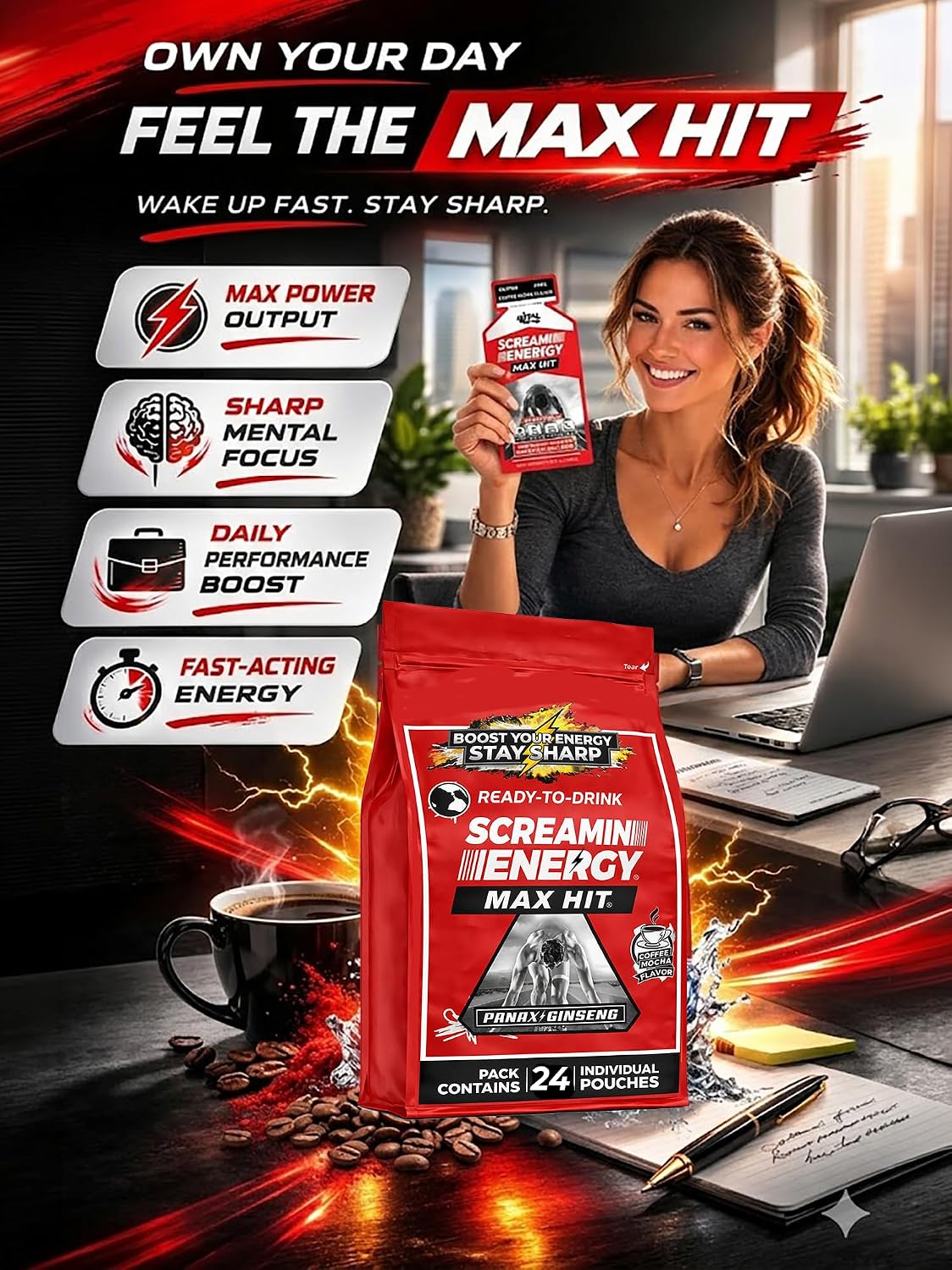 Screamin Energy Max Hit Coffee Mocha Energy Shot Pouches, 24 Count, Extra Strength Caffeine with Panax Ginseng and B Vitamins