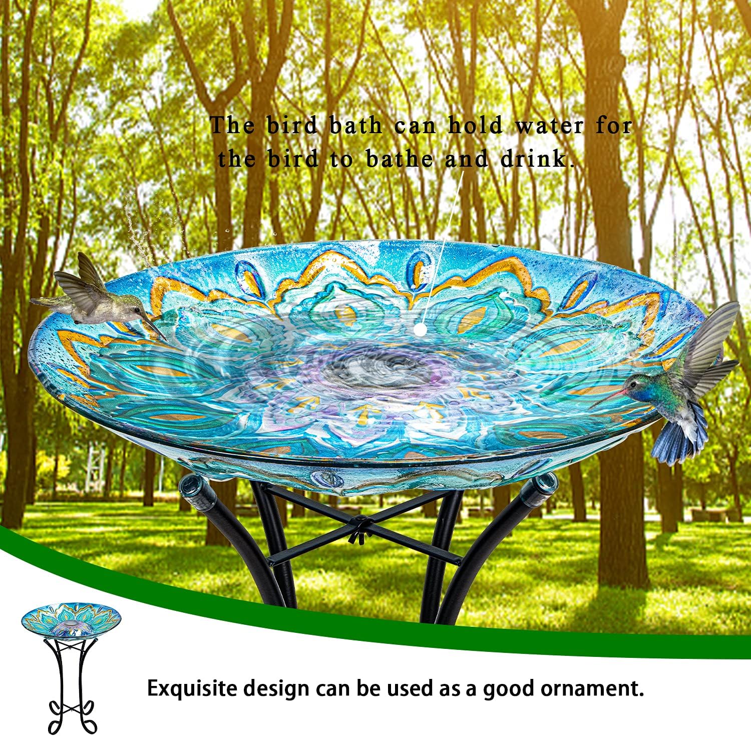 VCUTEKA Glass Bird Bath Outdoor with Metal Stand, Bird Feeder Garden Decor
