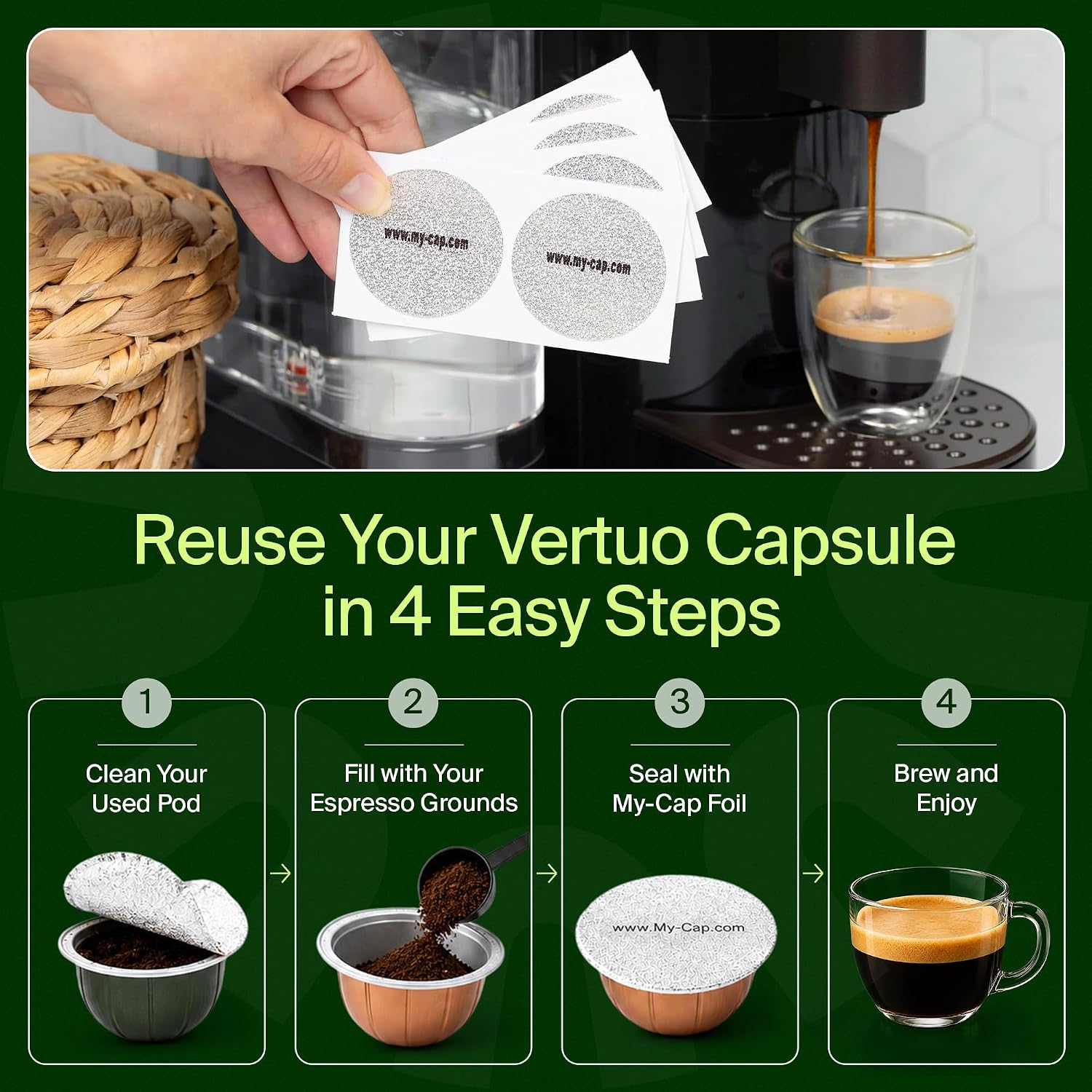 Foil Seals for Nespresso Vertuo Pods - Reusable Aluminum Lids to Extend Life of Nespresso VertuoLine Capsules (Pack of 100)