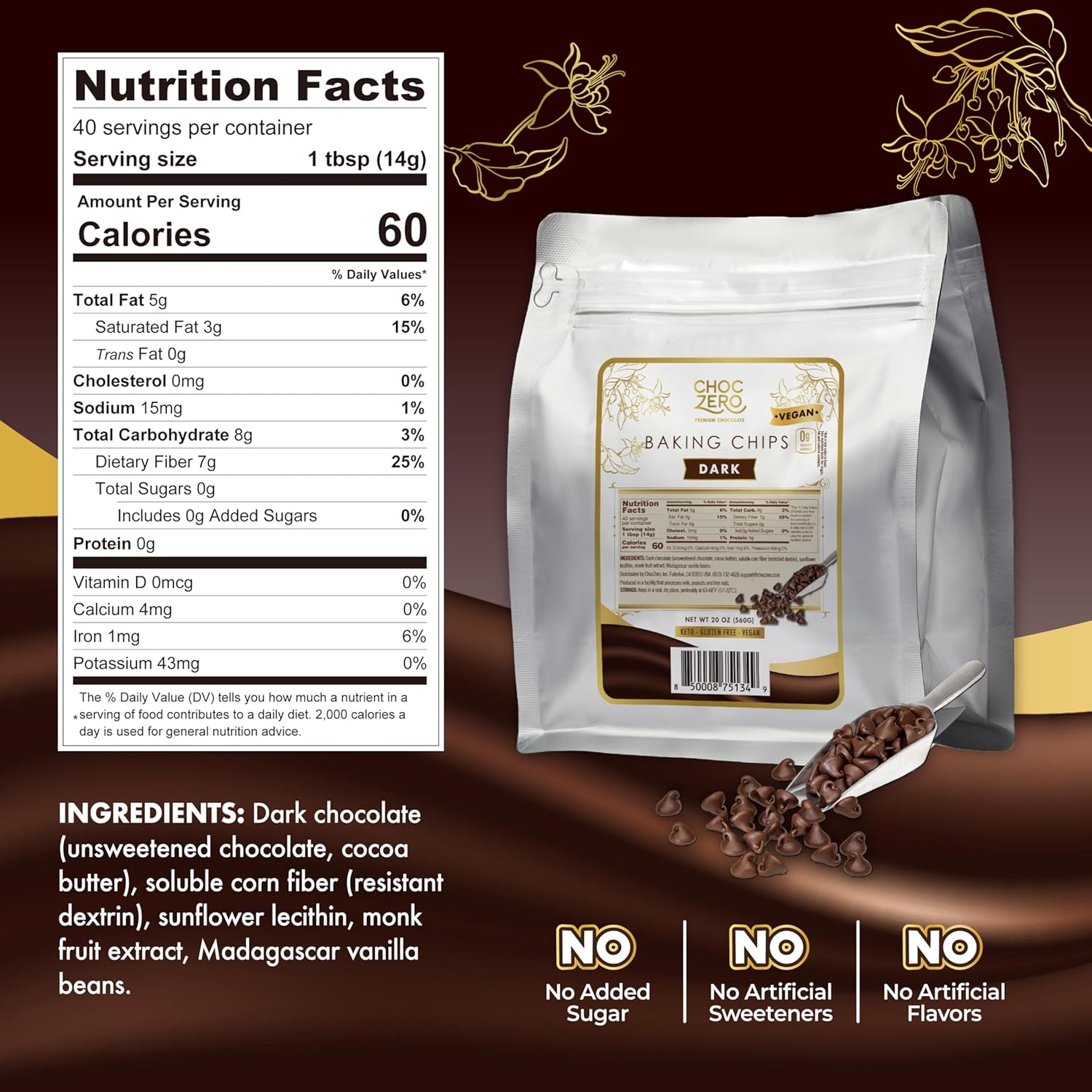ChocZero Sugar Free Chocolate Chips, Milk Chocolate, 20 oz Bag