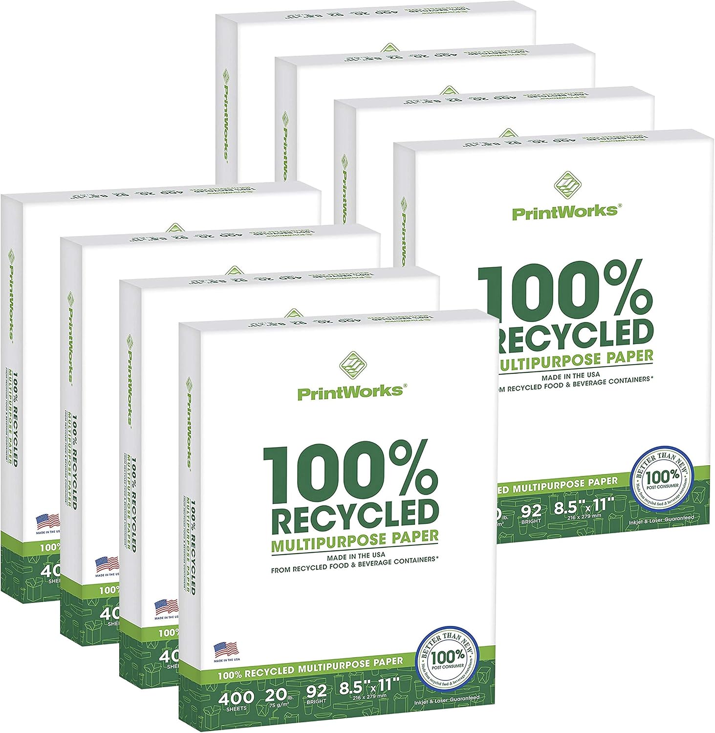 PrintWorks 100% Recycled Printer Paper 8.5" x 11" White - 20 lb Copy & Multipurpose Computer Paper - 1 Pack, 400 Sheets - Made in the USA - 92 Bright - Printer & Copier Compatible (00018)