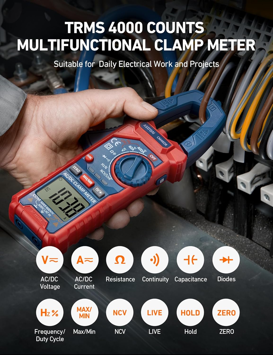 AstroAI Digital Clamp Meter Multimeter 2000 Counts Amp Voltage Tester Auto-ranging with AC/DC Voltage, AC Current, Resistance, Capacitance, Continuity