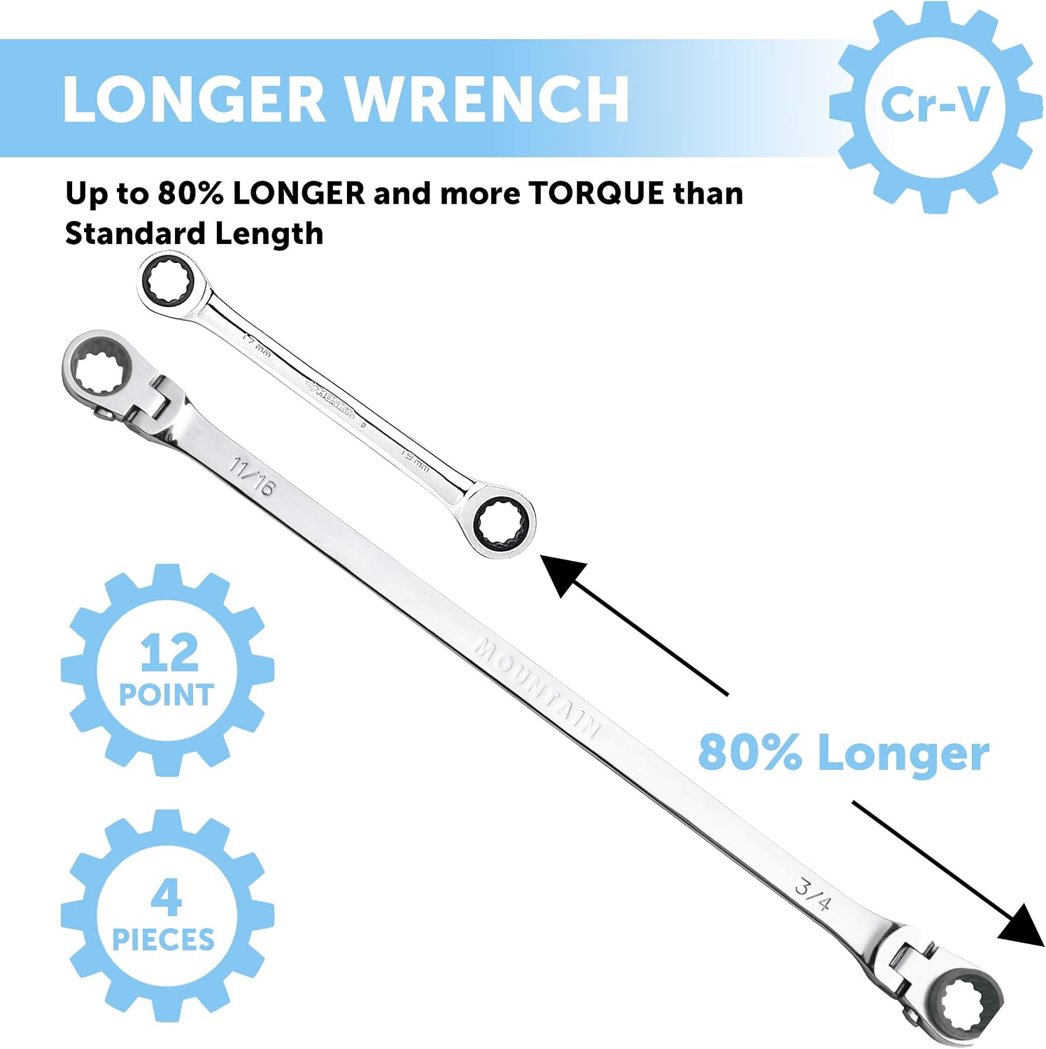 Mountain RF7 SAE Reversible Double Raised Box Ratcheting Wrench Set, Universal Spline, 90 Tooth Design, 180 Degree Rotating Head, Sizes 5/16", 3/8"