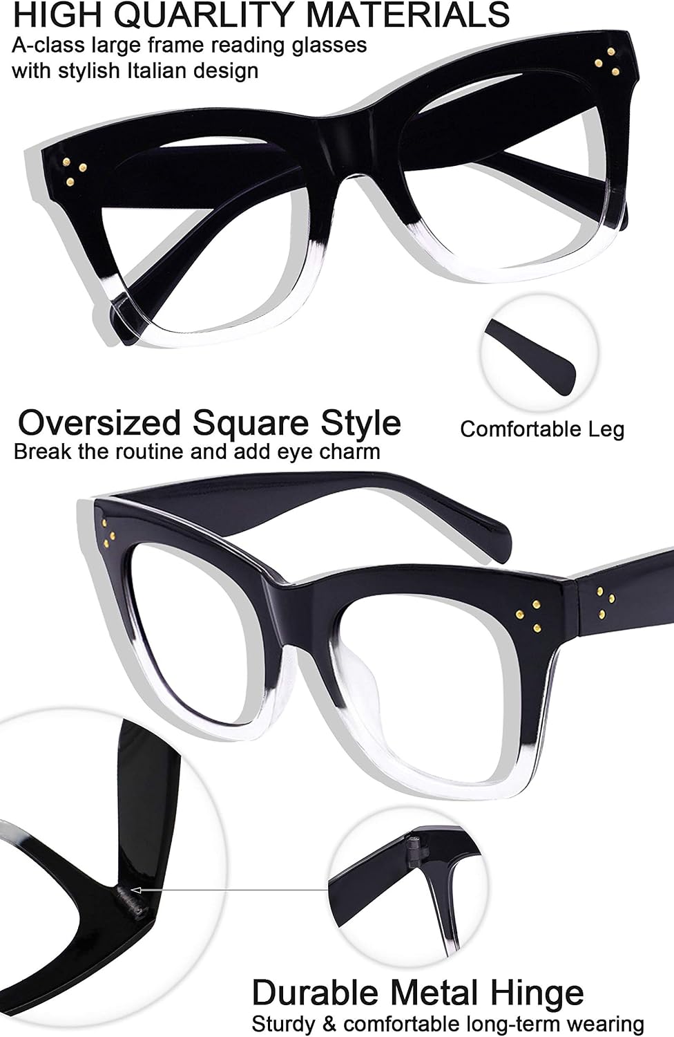 MARE AZZURO Oversized Reading Glasses Women Trendy Large Readers 0 1.0 1.25 1.5 1.75 2.0 2.25 2.5 2.75 3.0 3.5 4.0 5.0 6.0 (Black, 250)